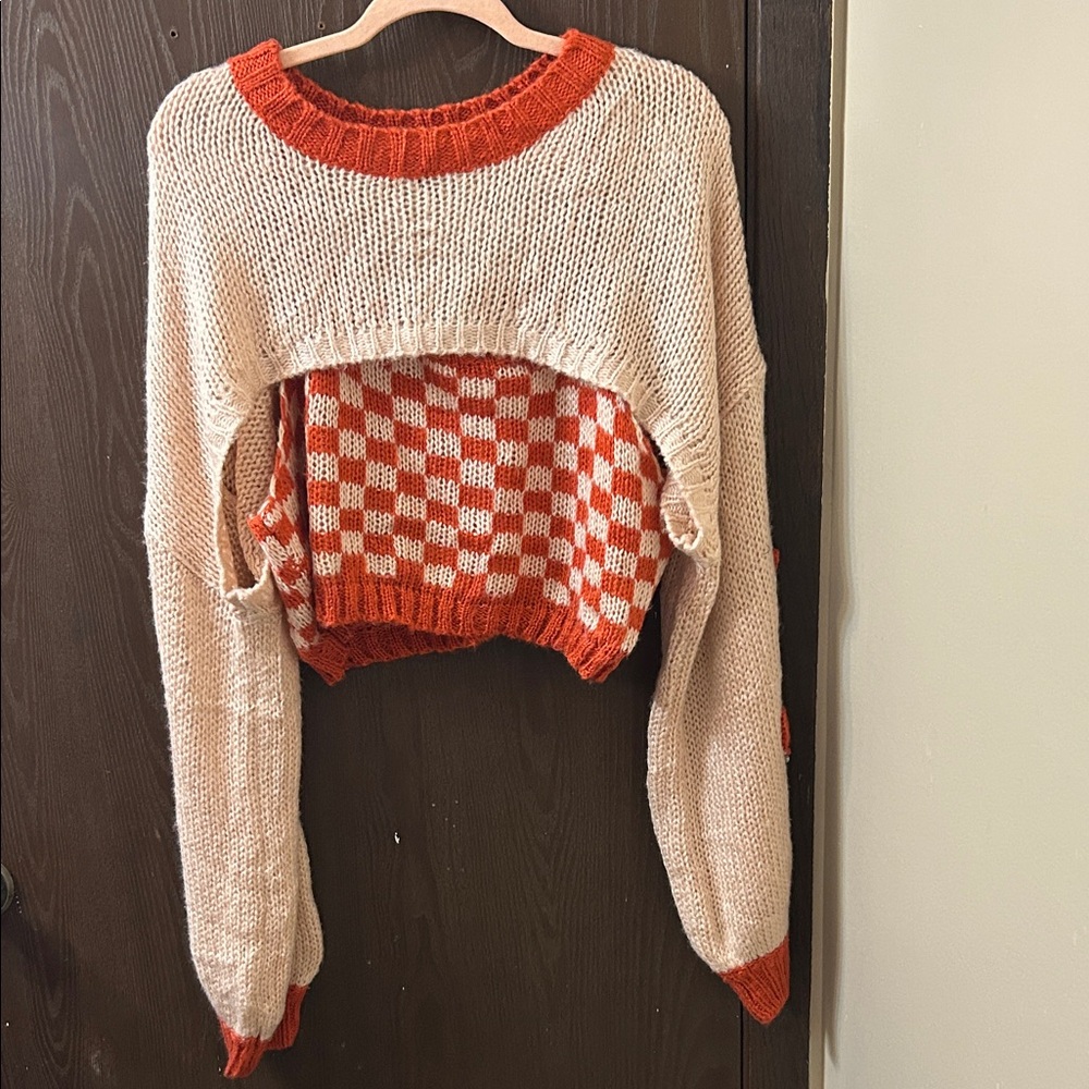 SHEIN Cream and Orange Layered Cropped Knit Sweater
